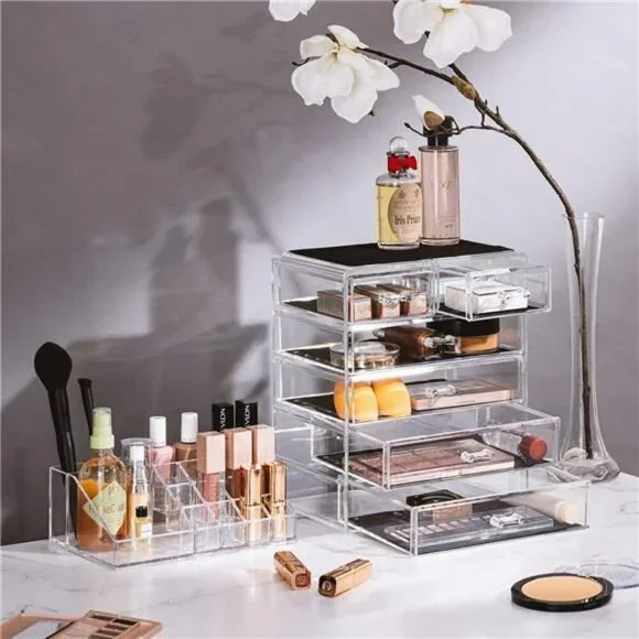 Clear acrylic makeup organizer with drawers vanity storage case for jewelry